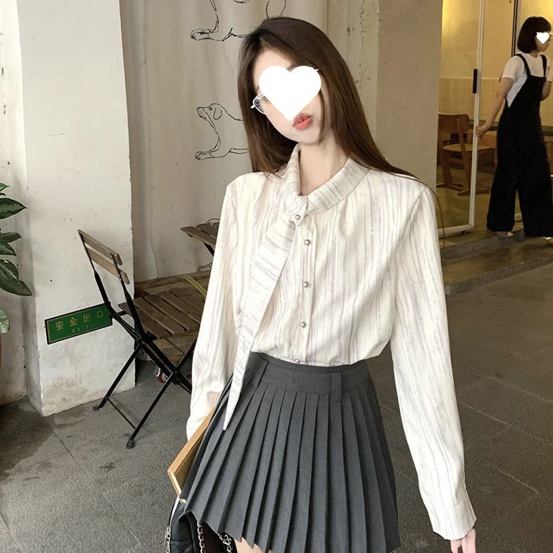 

Рубашки с длинным рукавом, женские полосатые рукава-фонарики на пуговицах, повседневные, в стиле ретро, в японском стиле, удобные, осенние, женские, свободные