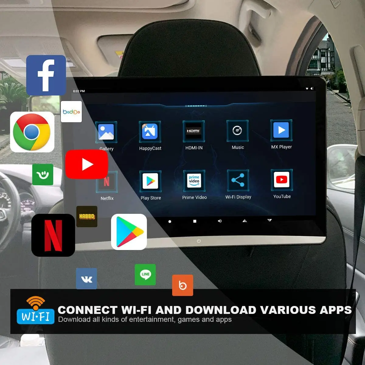13.3 Inch Car TV Headrest Monitor Android 12.0 4K Display 1080P Touch Screen 4+64G Tablet Video Player BT/WiFi/USB/SD/HDMI/FM