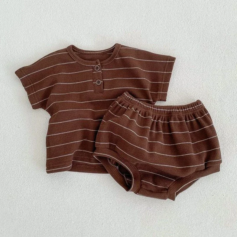 Conjunto infantil de roupas de algodão puro listrado, camiseta e shorts de menino, manga curta, férias de praia, verão, novo, 0-3 anos