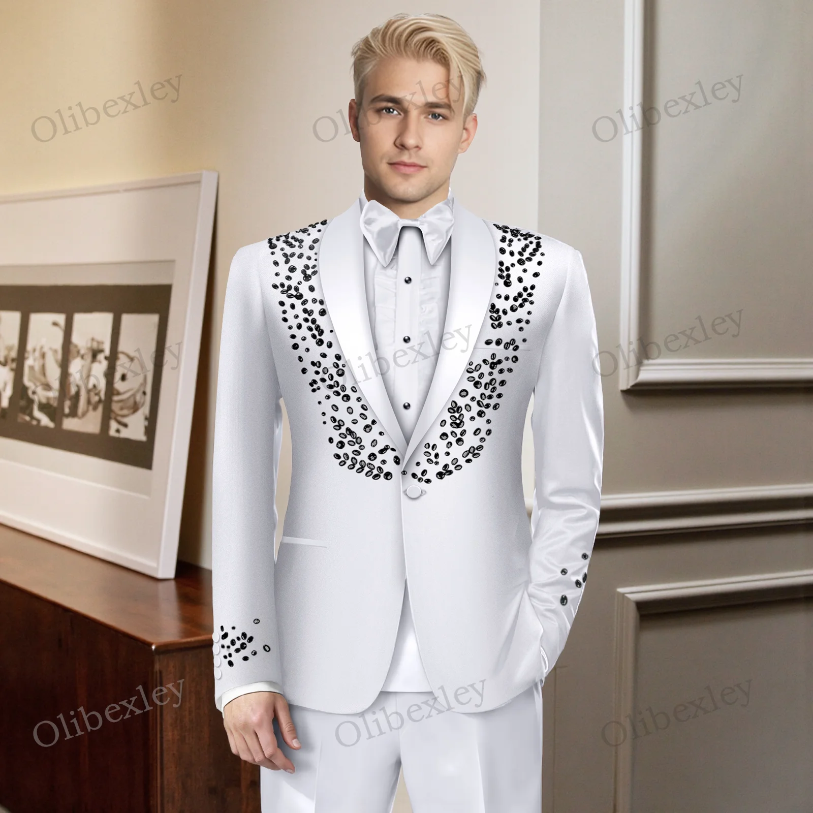 

Luxury Men's Suits 2 Pieces High Quality Fashion Customized Beaded Crystals Slim Fit Tuxedos Wedding Groom Business Prom