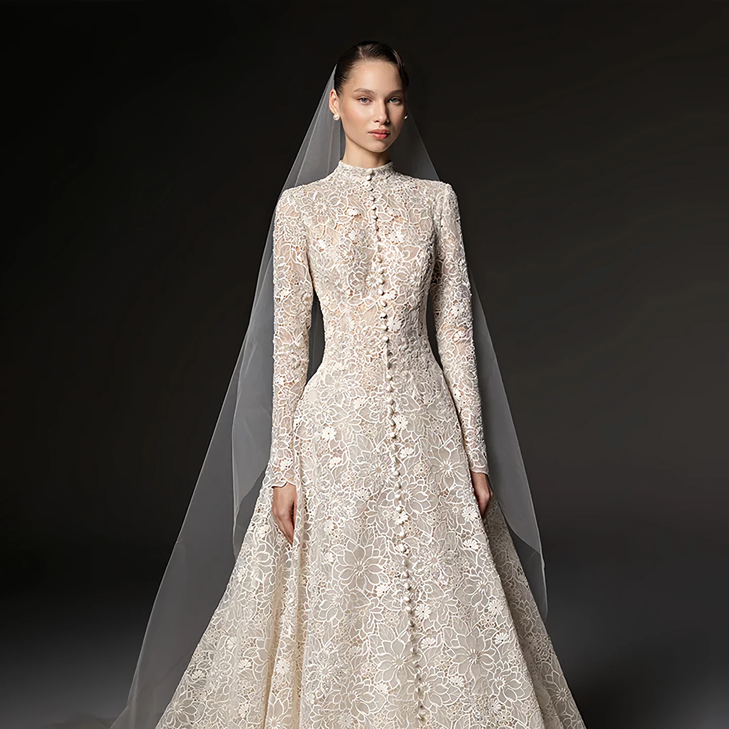 Sheer Fairy Elegant Button Wedding Dresses for Women Floral Lace A-line Luxurious Bridal Gowns with Long Sleeve SW669 Customized