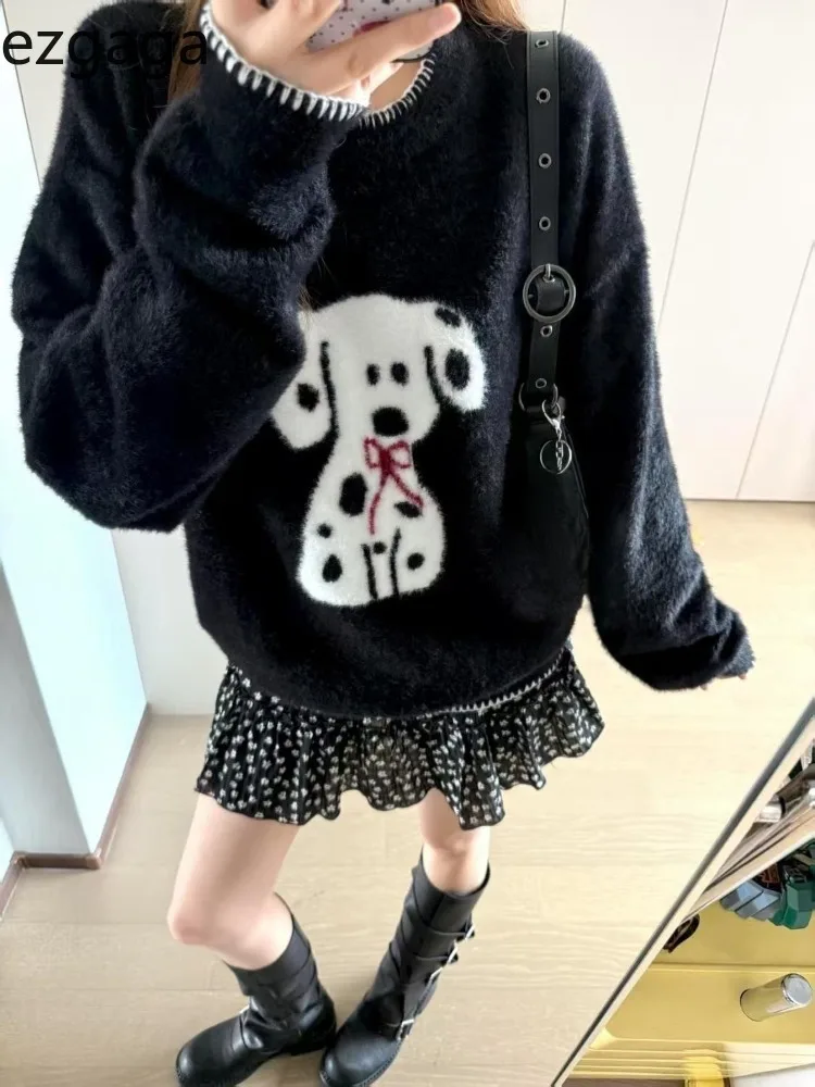 

Ezgaga Knitted Sweater Women Funny Sweet Cartoon Dog Autumn Winter Loose O Neck Pullover Fashion O Neck Ladies Jumper Casual