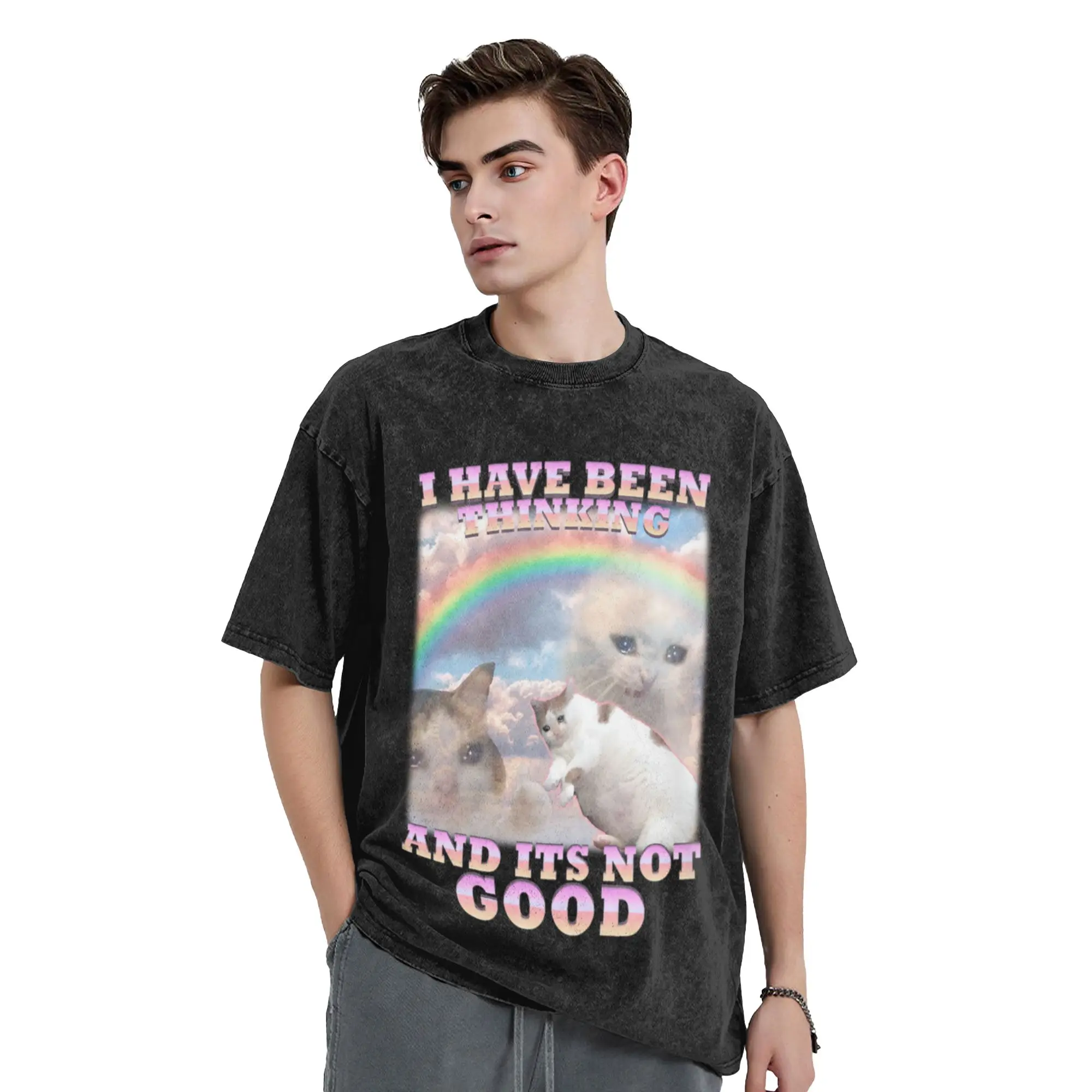 Funny Cat Meme Unhinged Stupid Memes Classic Stylish A Washed T Shirt Men's Women's Oversized Cotton Tees Tops