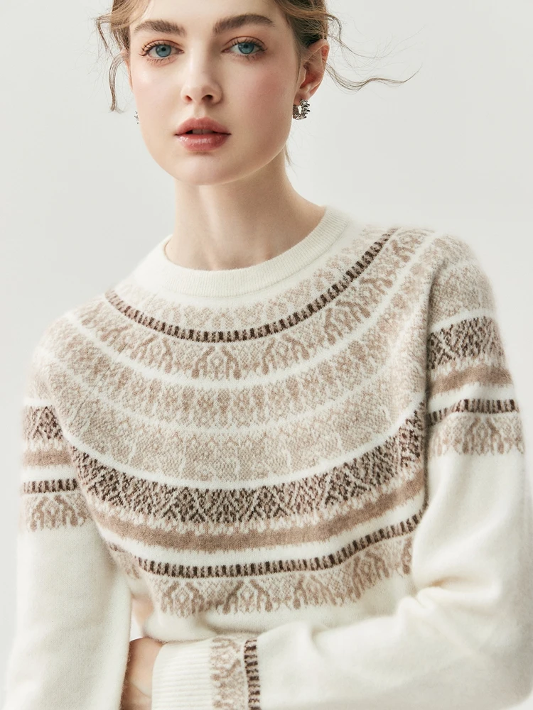 

CHICUU Women Autumn Winter O-neck Vintage Style Pullover Sweater 100% Cashmere Knitwear Thick Warm Jacquard Knitting Sweater Top