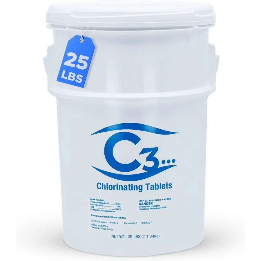 C3 25 رطل 3 علامات تبويب الكلور المستقرة لحمامات السباحة سهلة الاستخدام لحمام السباحة فوق الأرض أو حمام السباحة الداخلي بطيئة الذوبان