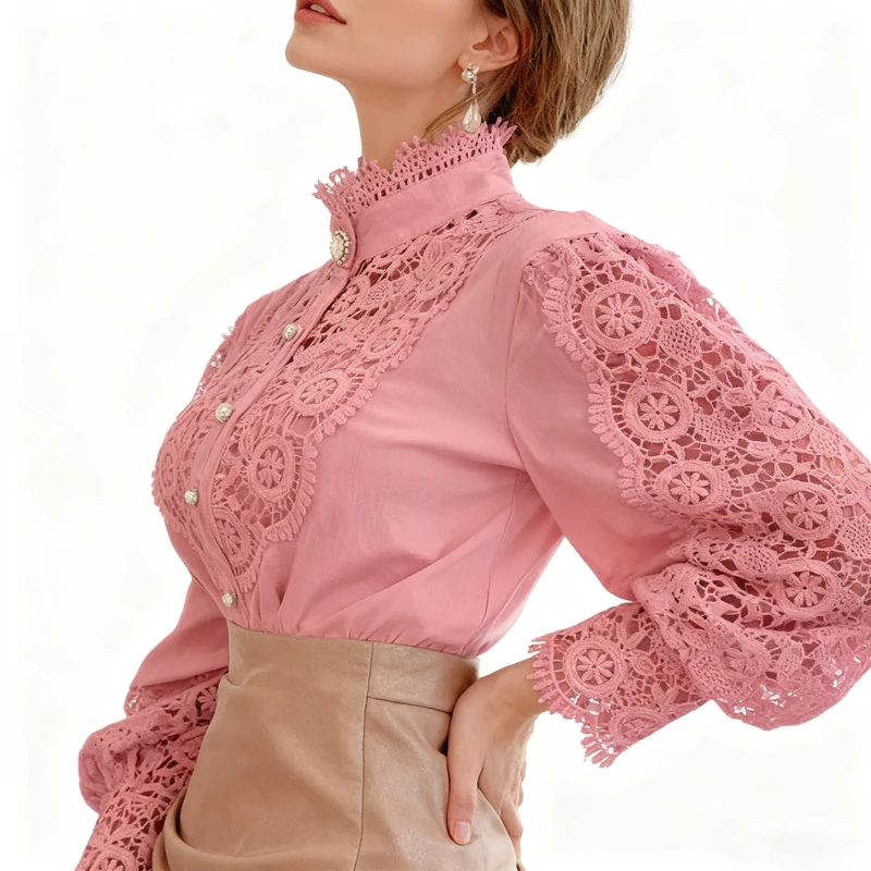 2025 blusa de primavera de estilo francés para mujer, blusa de flores para oficina para mujer, camisa con botones y cuello levantado de encaje calado, ropa femenina 12419