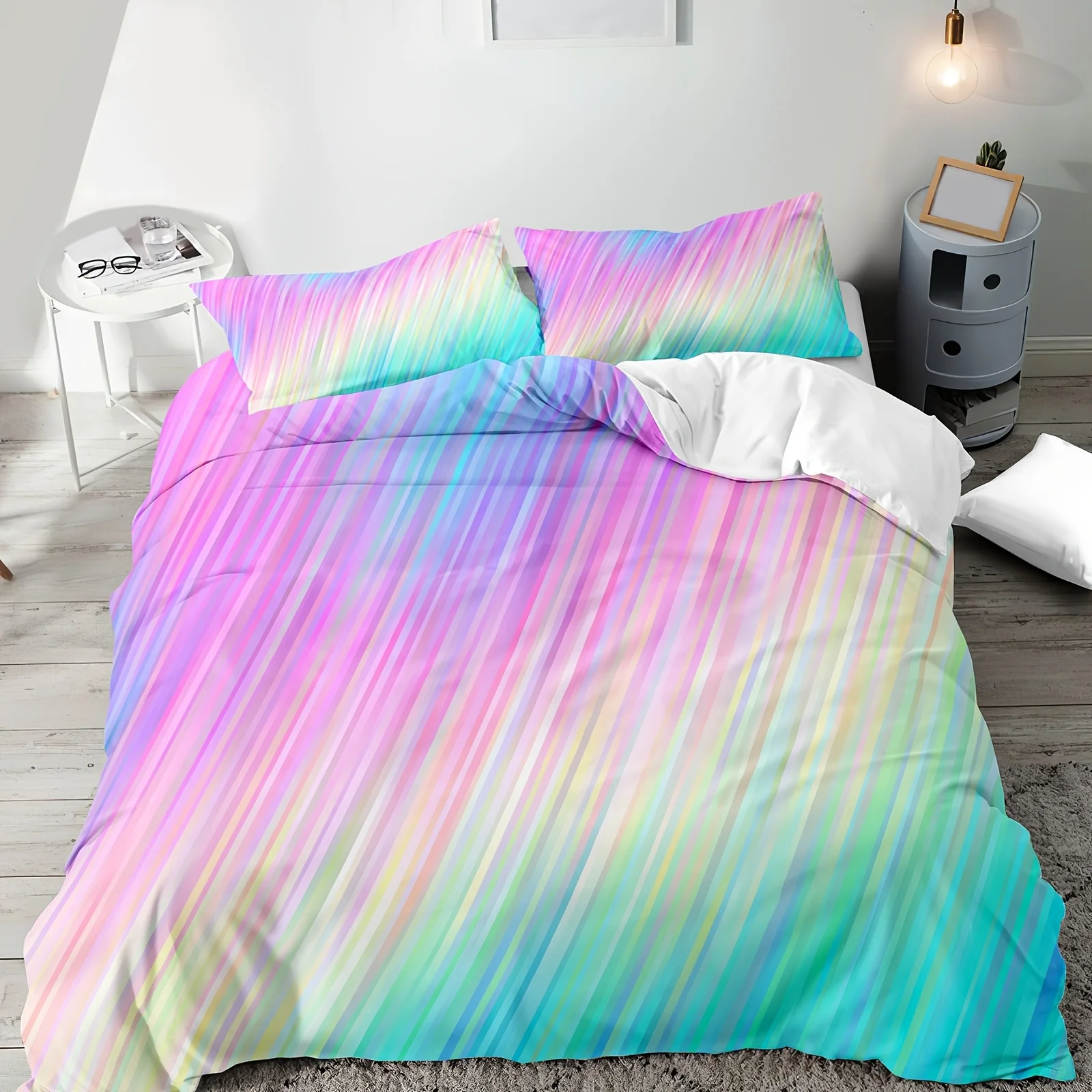 Rainbow Striped Duvet Cover Set Modern Abstract Geometric Bedding Set Cartoon Quilt Cover Dreamy Comforter Cover Twin Queen Size
