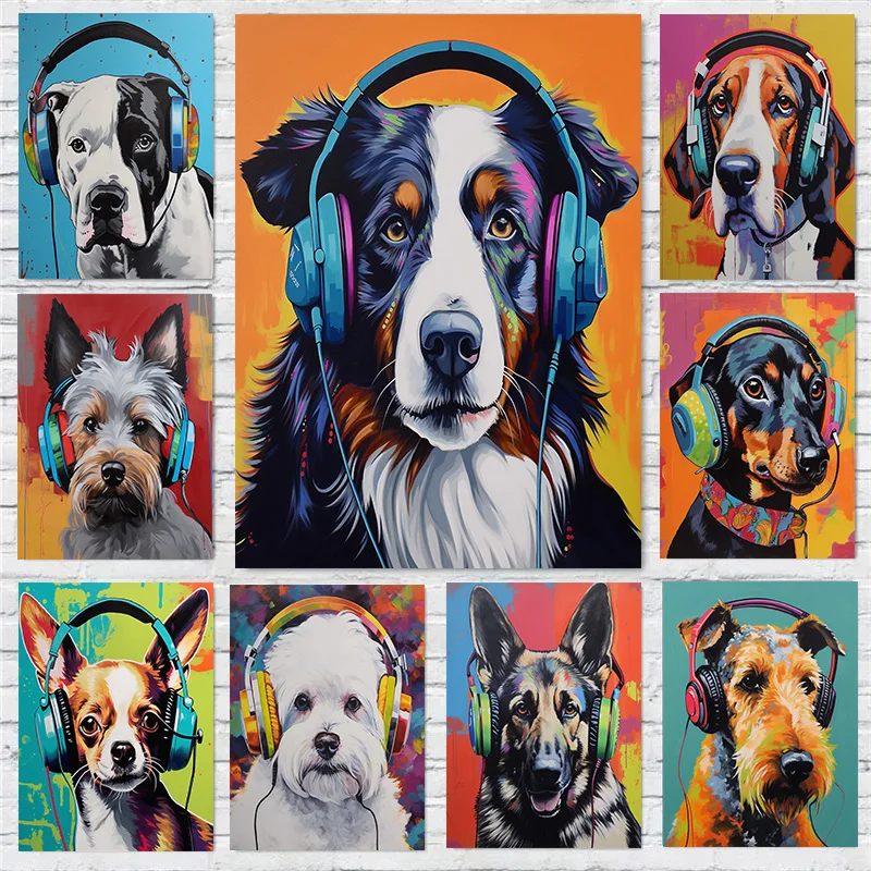 Póster de perro Pug con auriculares, zorro maltés, Terrier galés, impresión de imágenes artísticas de pared, pintura en lienzo, regalo para decoración del hogar y la habitación