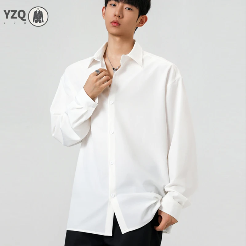 Lightweight Smooth Button Up Shirt Men Turn Down Collar Long Sleeve Minimal Cut Outdoor Leisure Essential Daily Top