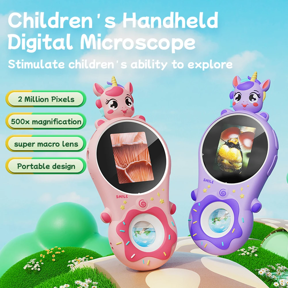 500X Portable Digital Microscope with 2'' IPS Screen Handheld Coin Magnifier with 8 LED Light for Children Educational Toys