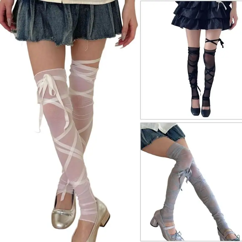

Women Elegant Lace Up Thigh High Stockings Stretch Long Leg Covers with Ribbon 6XDA