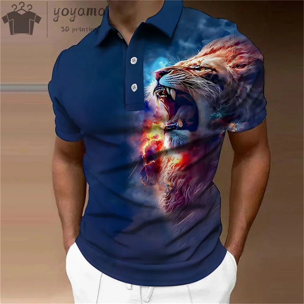 Polo con estampado Animal 3D para hombre, camisa de manga corta con solapa Simple y estampado de León, ropa informal de verano