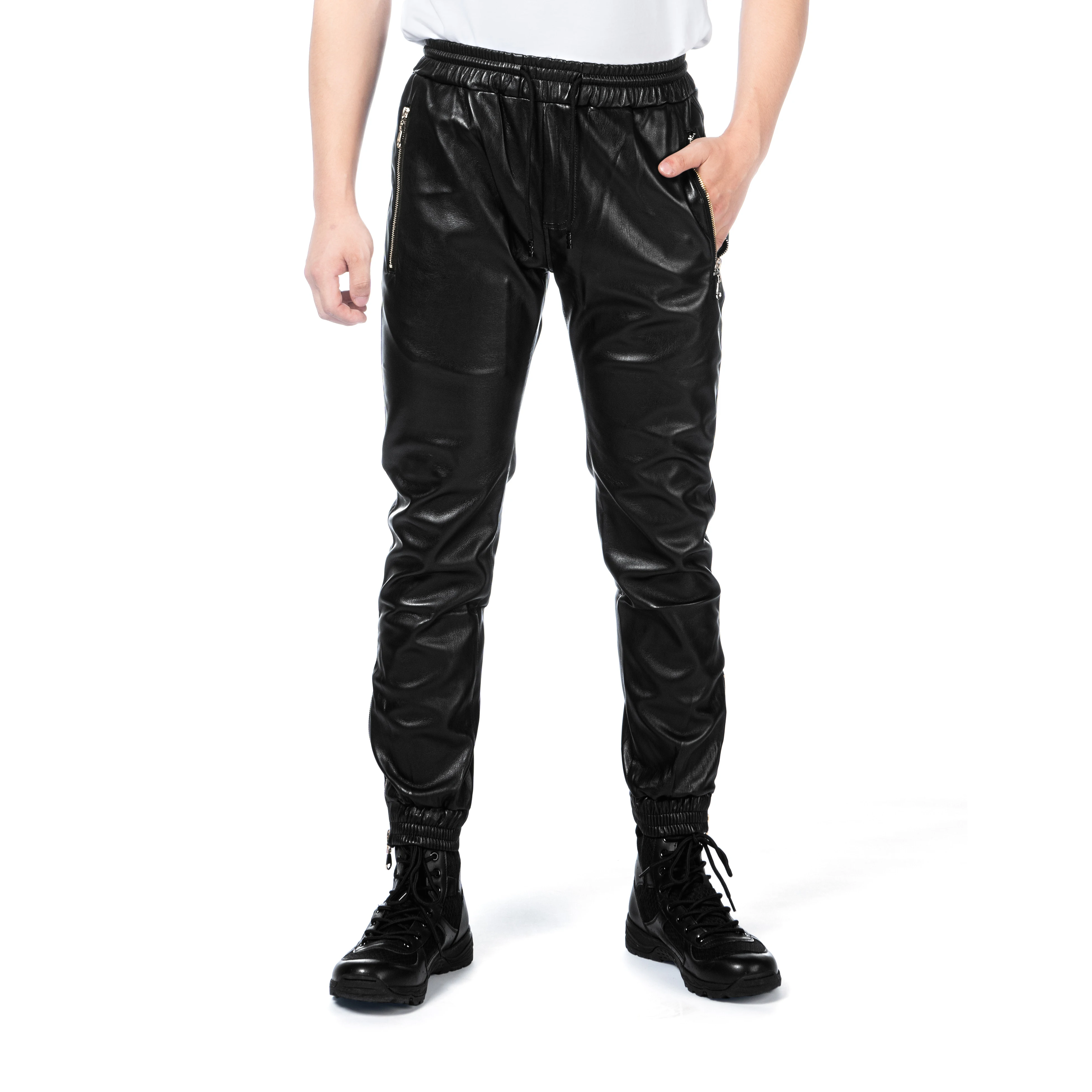 Men's Leather Pants Elastic Waist Jogger Pants PU Leather Motorcycle Trousers Biker's Pants