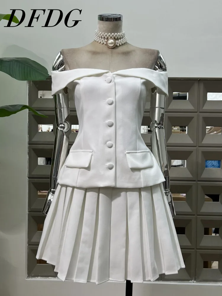 

DFDG Женский дизайнерский комплект из двух предметов 2025, блейзер без рукавов с открытыми плечами и лацканами, плиссированная юбка, облегающий костюм, весна-лето