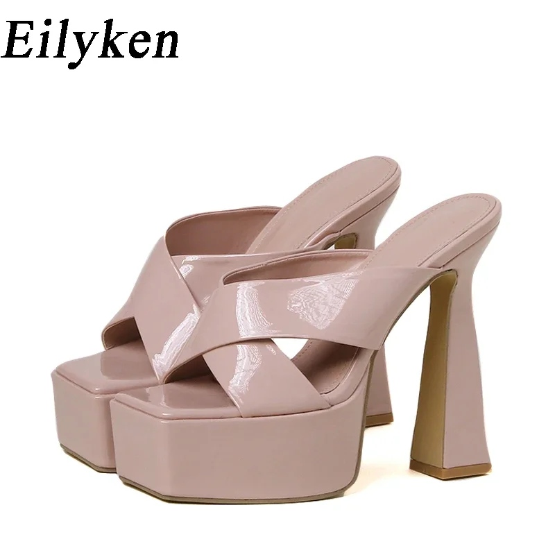 Eilyken New Fashion Platform Chunky High Heels Slipper Women Runway Style Open Toe Night Banquet Mule Slide Shoes