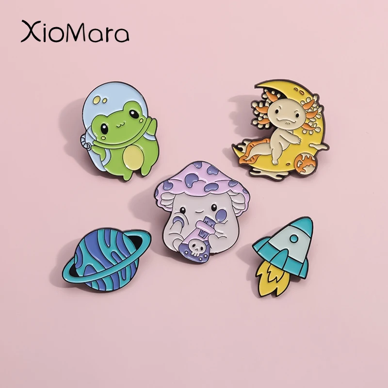 Cute Marine Organism Enamel Pin Custom Frog Salamander Rocket Planet Astronaut Brooches Lapel Badges Jewelry Gift For Kid Friend