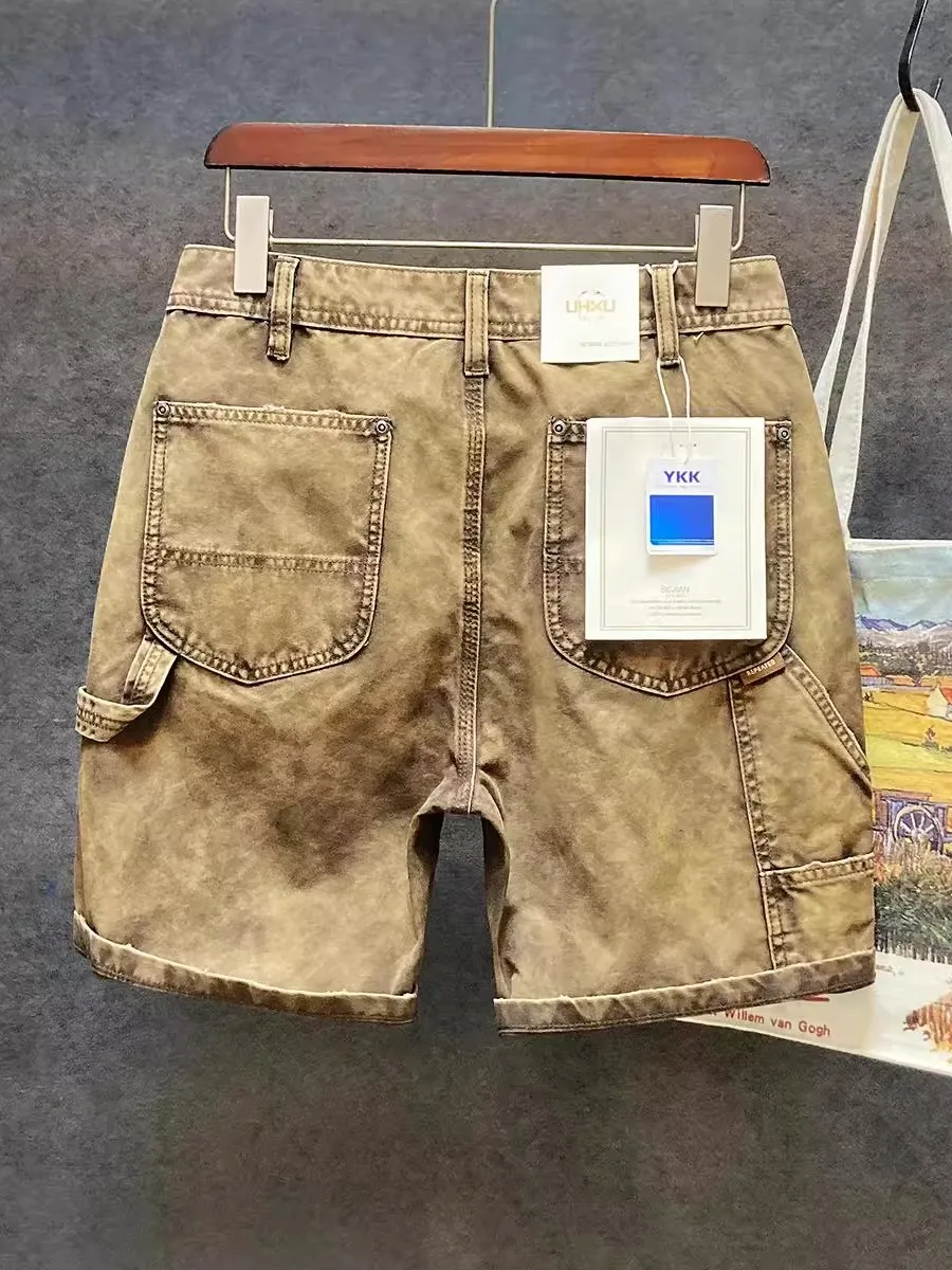 

Мужские летние тонкие свободные шорты в стиле ретро с эффектом потертости, с множеством карманов, высококачественные, в стиле пэчворк, повседневные, рабочие, длиной до колена, прямого кроя