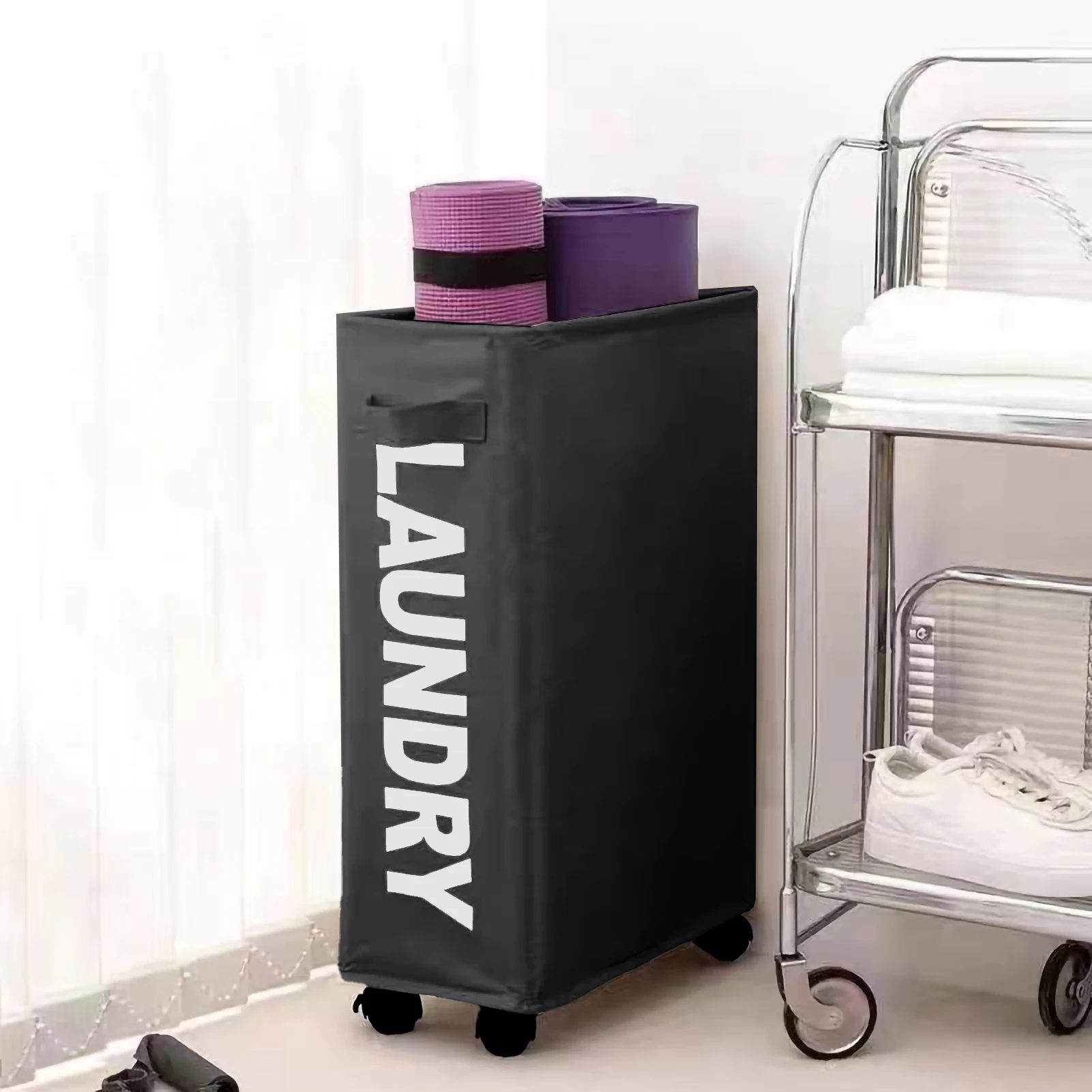 23 inches Rolling Slim Laundry Basket with wheels Collapsible Laundry hamper on Wheels Tall Thin Narrow Foldable Storage Bins