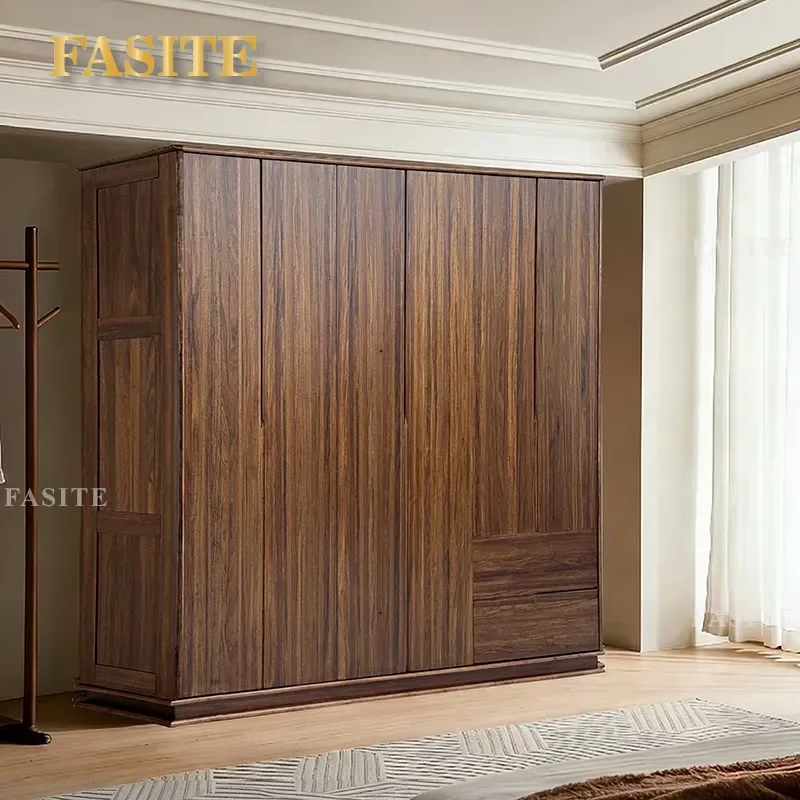 For Small Apartment Bedroom Light Luxury Minimalist Ebony Solid Wood Door Wardrobe Large Capacity Versatile Log Storage