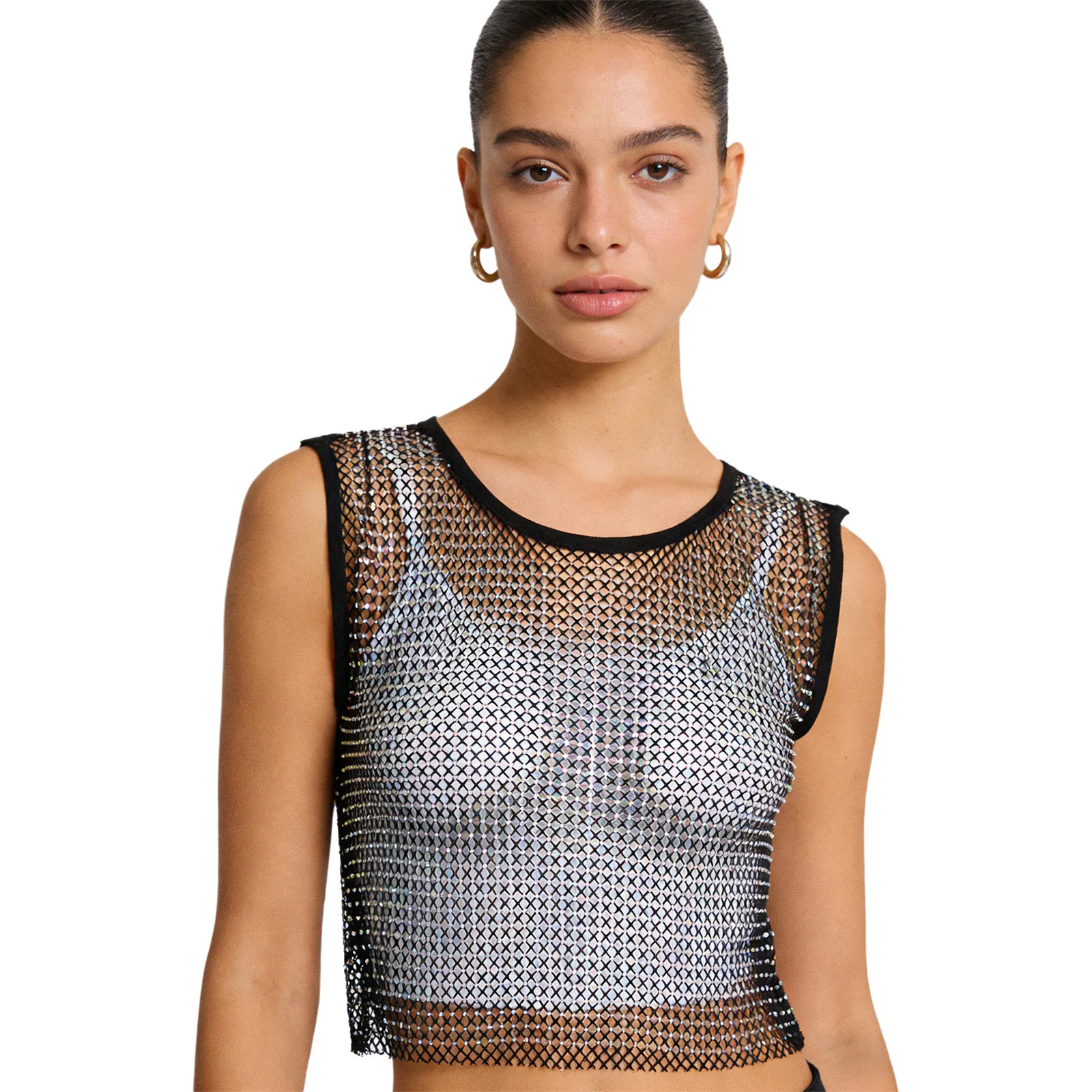 

Женский блестящий сетчатый топ с стразами, без рукавов, с открытой спиной, прозрачный укороченный жилет-накидка для джазовых танцев и пляжных вечеринок