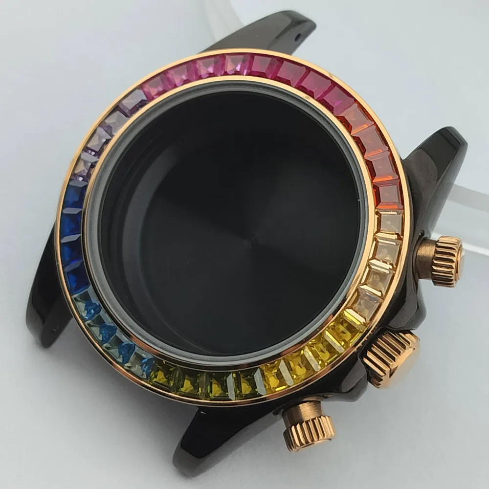 39,3-mm-Gehäuse für Herrenuhren, luxuriös, mit farbigen Strasssteinen, geeignet für das VK-63-Uhrwerk, 28,5-mm-Zifferblatt, Saphirglas, Uhrenzubehör. – Detail 8