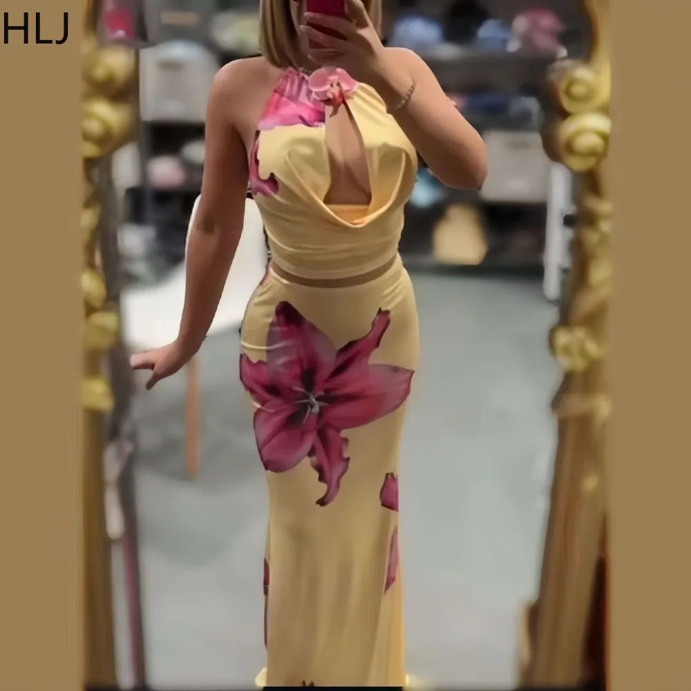 

HLJ Sexy Flower Print 2 Piece Sets Woman Outfit Halter Sleeveless Backless Crop Top and Long Skirt Female Streetwear Vestidos