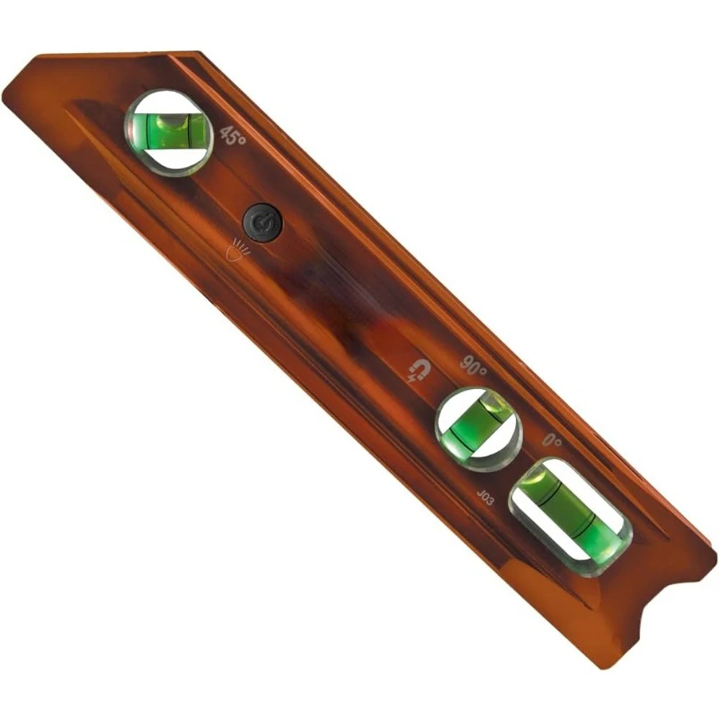 

Level, 9-Inch Lighted Torpedo Level with Magnet, 0/45/90 Degree Vials and V-Groove, Water and Impact Resistant, High-Visibility