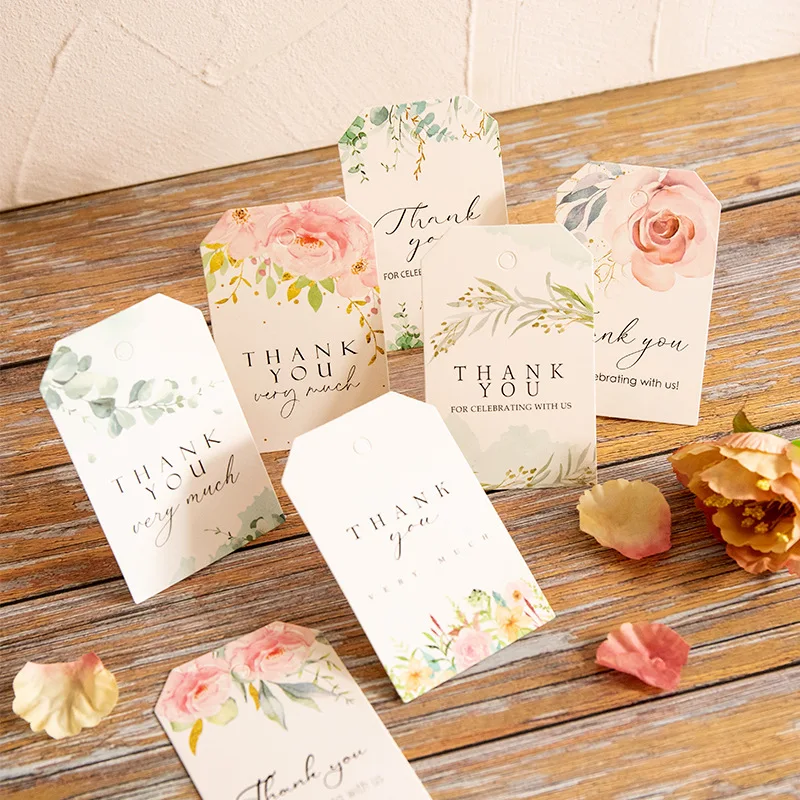 Thank You Tag Flower Print Paper Cards Small Goods Gift Present Package Hang Tag Labels Wedding Decoration DIY Crafts 48/50pcs