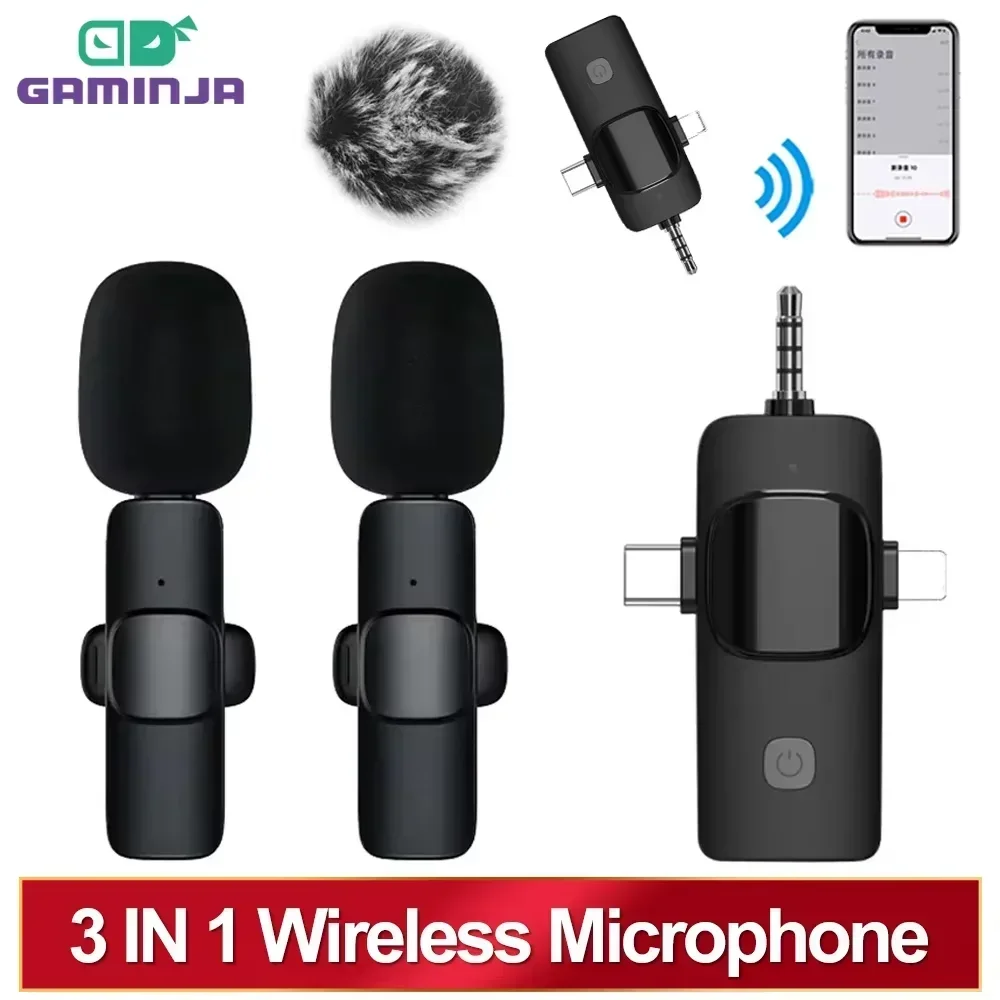 3 In 1 Wireless Lavalier Microphone for iPhone Android 3.5mm for radio Live Recording Noise Reduction Mini Microph GAMINJA