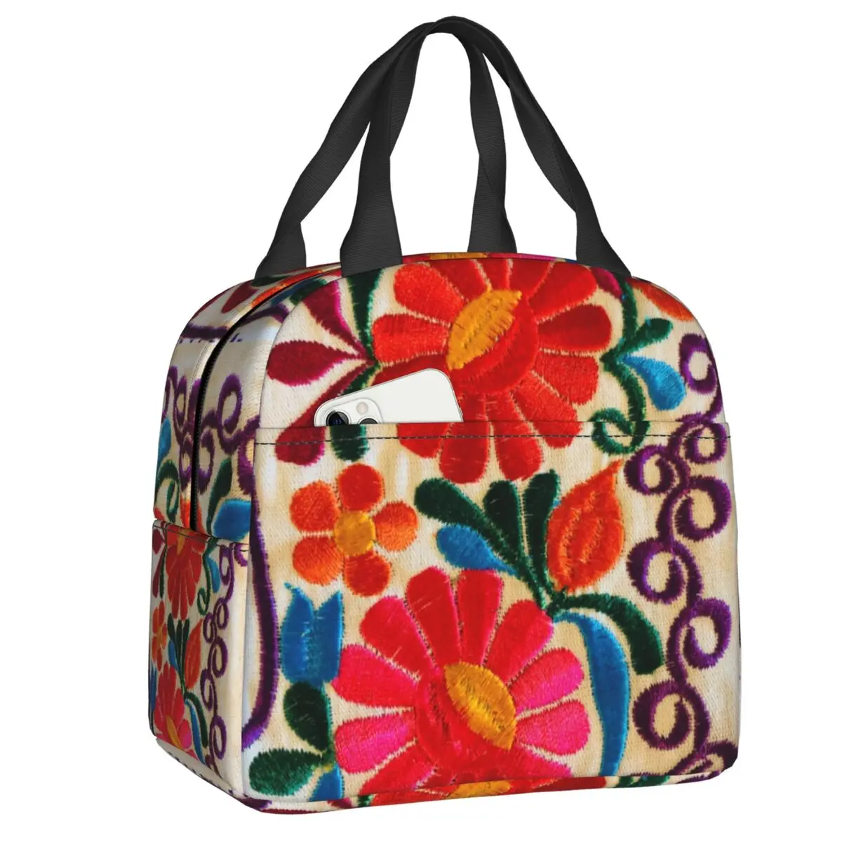 Custom Mexican Flowers Thermal Insulated Lunch Bag Women Resuable Lunch Container for Outdoor Camping Travel Storage Food Box