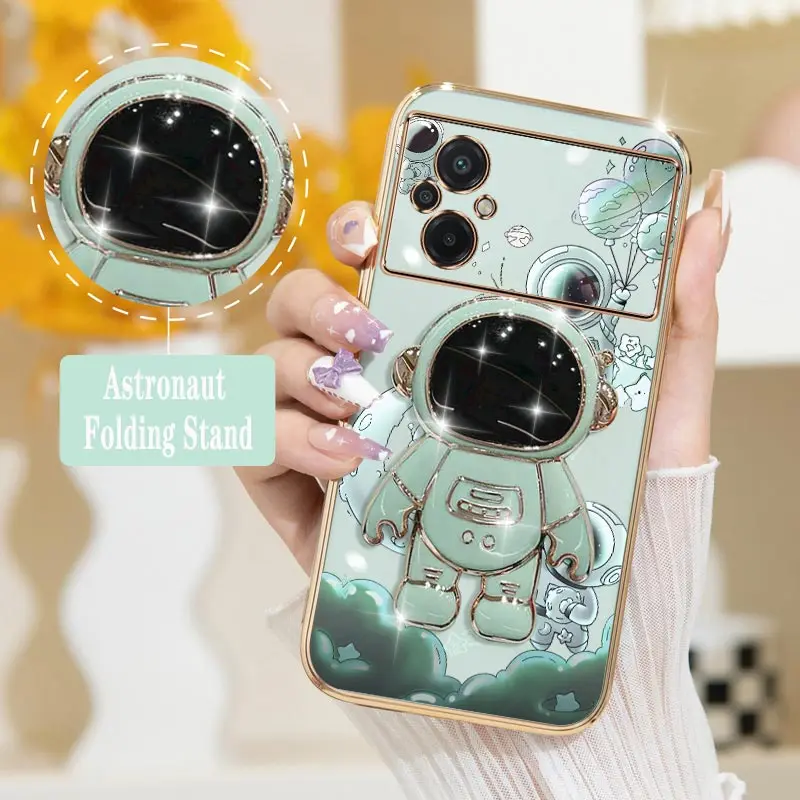 Handsome Bear Astronaut Phone Holder Case For Xiaomi Poco M5 Thin Shatterproof Camera Protection Poco M5 Plating Soft Back Cover