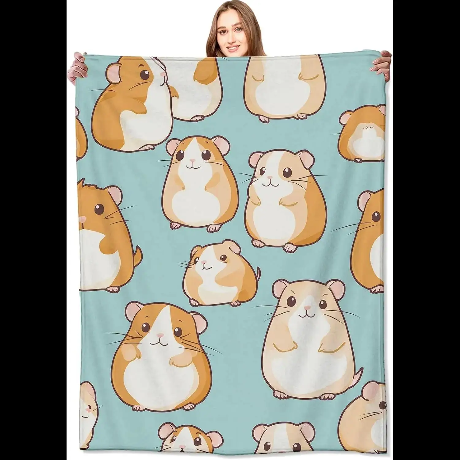 

Cute Hamster Pattern Blanket Soft Fleece Throw Animal Lover Gift Kids Room Decor Playful Pet Design Home Decoration