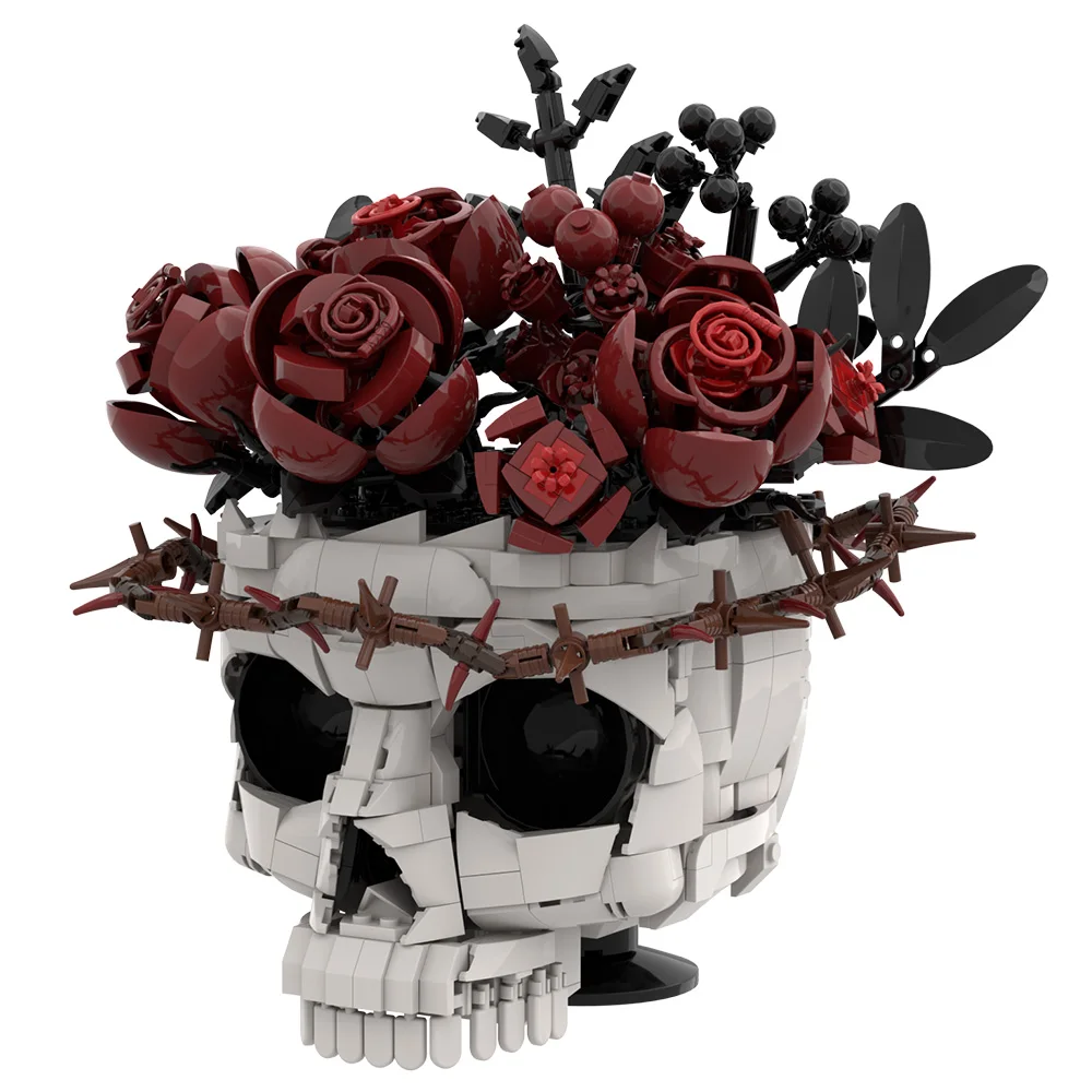 

2026 New MOC Gothic Skull Preserved Roses Flowers Building Blocks Model Skull Flowers Potted Decorate Bricks Assemble Toys Gifts