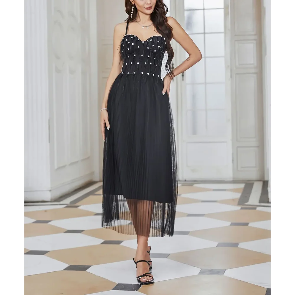 Elegant Feather Strapless Tight Pleated Mesh Dress with Chest Pad Backless Sleeveless Party Dress