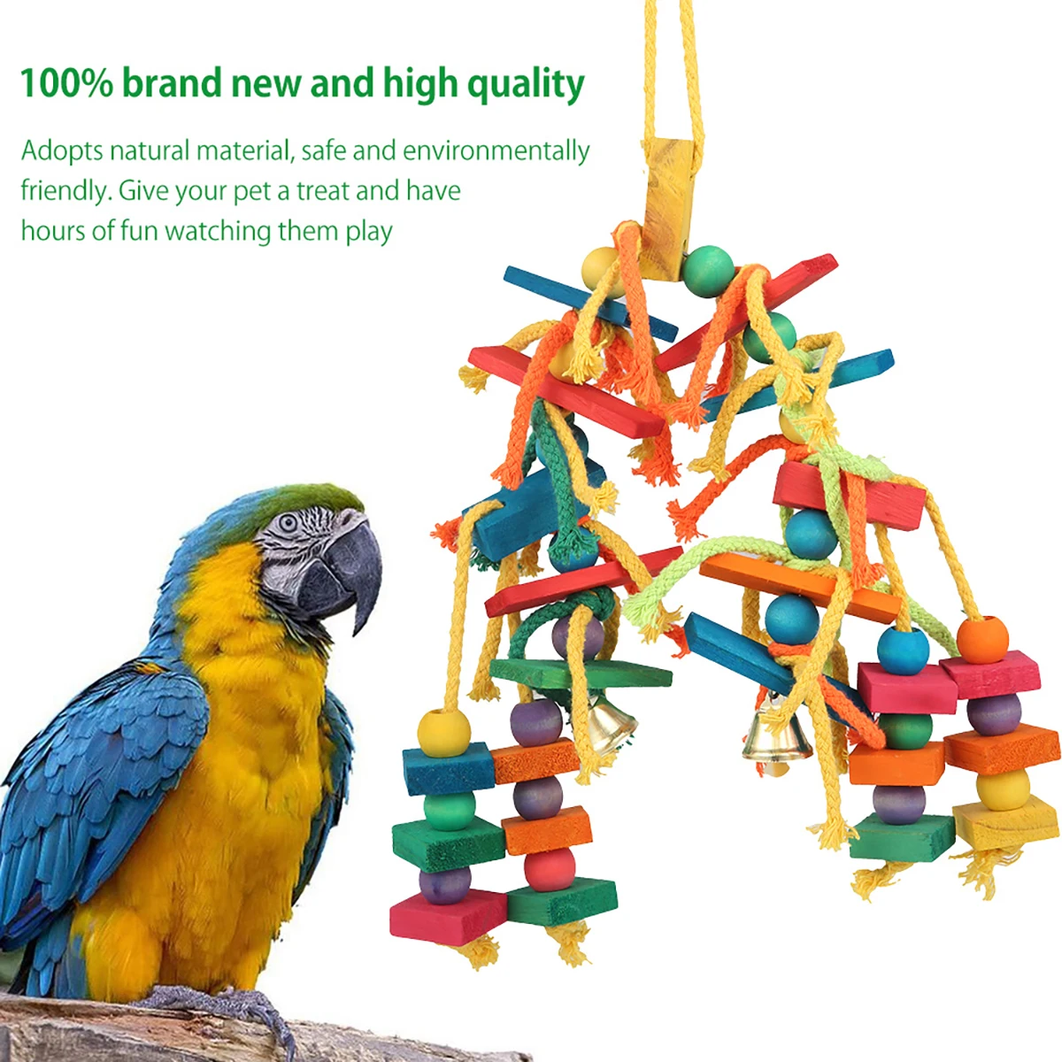 Safe Parrot Chew Toy with Hook Colorful Wooden Beads Ropes Natural Blocks Tearing Toys for Small Medium Birds Mini Macaw