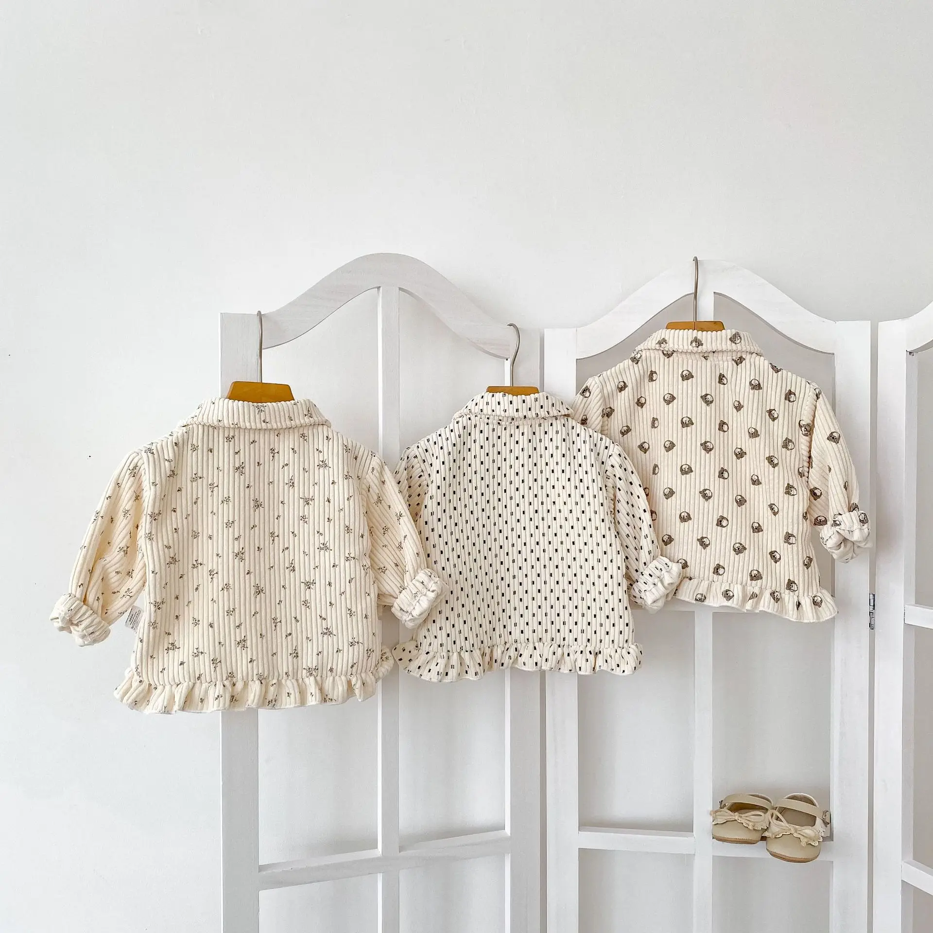 Spring and Autumn Baby Girl Corduroy Printed Collar Coat Baby Versatile Long Sleeve Cardigan
