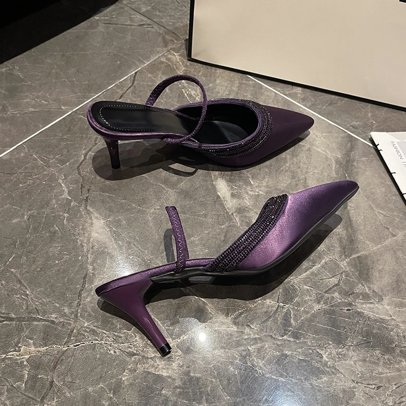 

Purple Pointed-Toe Fashion High Heels Sandals with Fine Strap Silk and Water Diamond Lightweight Autumn Work Dress Shoes