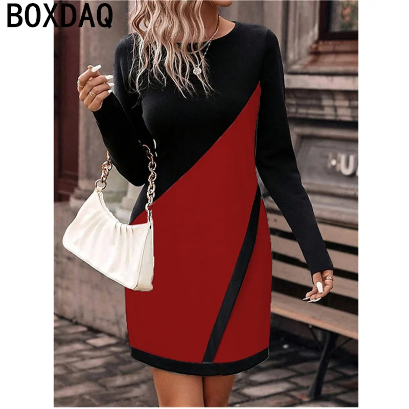 

Women Straight Dress 3D Colorful Splicing Dress Autumn Winter Long Sleeve O-Neck Casual Dress Fashion Lady Commuter Dresses