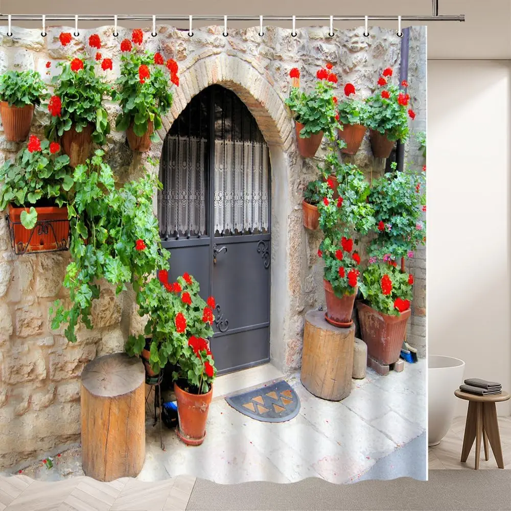 

Италия Пейзаж Шторы для душа Цветочные растения Зеленые листья в горшках Европейская архитектура Вид на улицу Паттер Ванная комната Полиэстер
