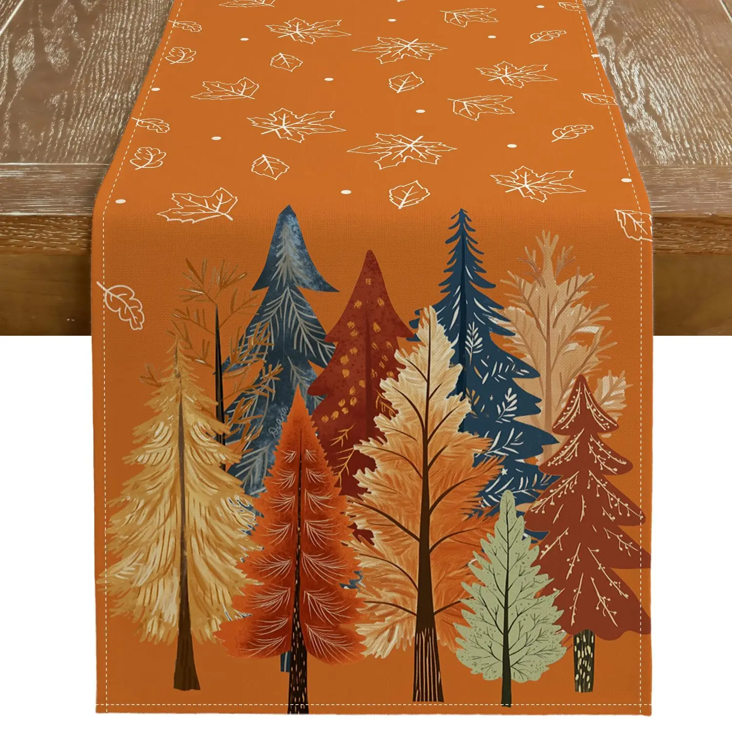 

Fall Watercolor Trees & Maple Leaves Table Runner,Rustic Farmhouse Autumn Thanksgiving Decor for Kitchen Dining Party Orange