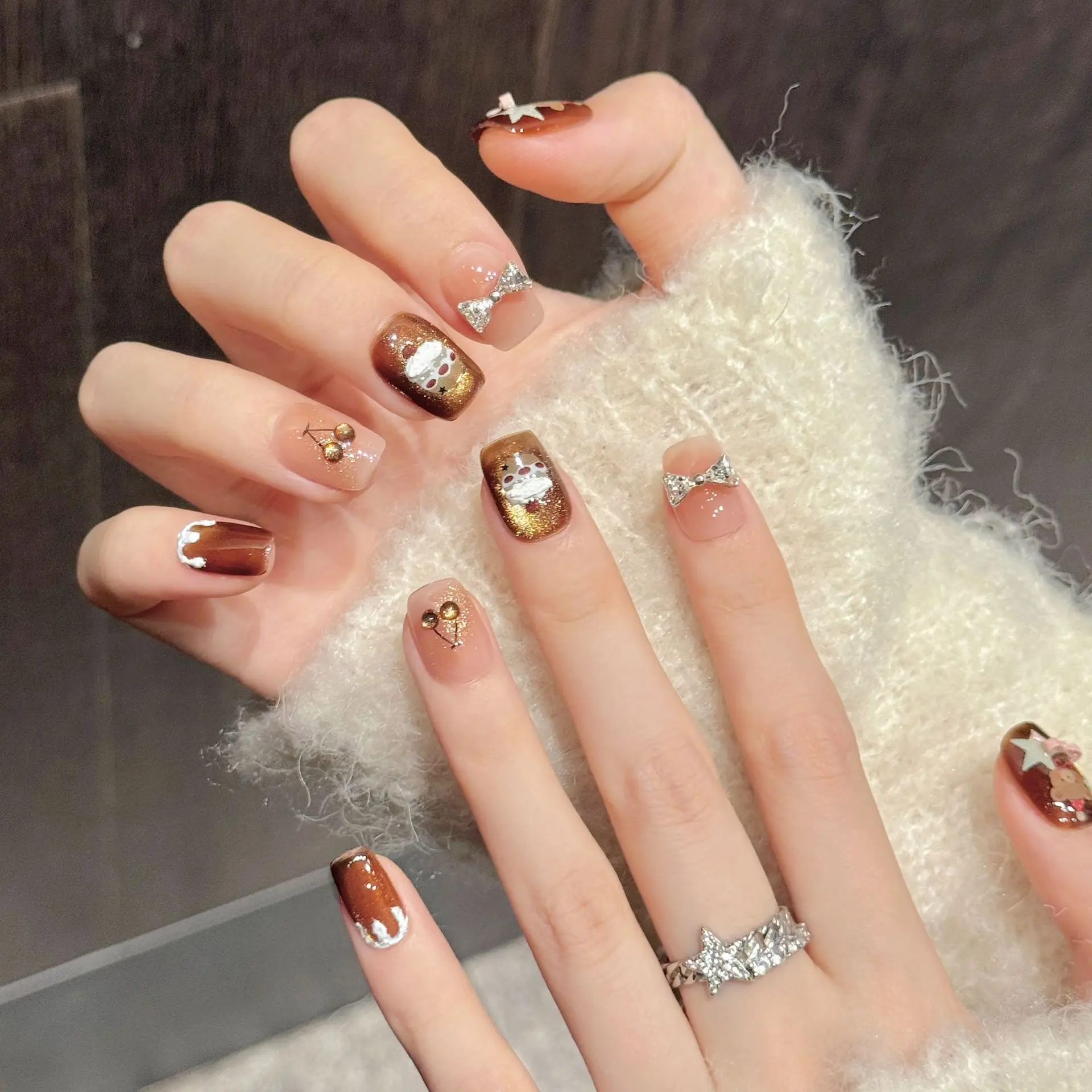 10pcs Pure Hand Pressed Ultra-short Coffin Nail Art, Caramel Golden Brown Cat's Eye Cherry Bear Sweet Girl Style, Perfect Choice