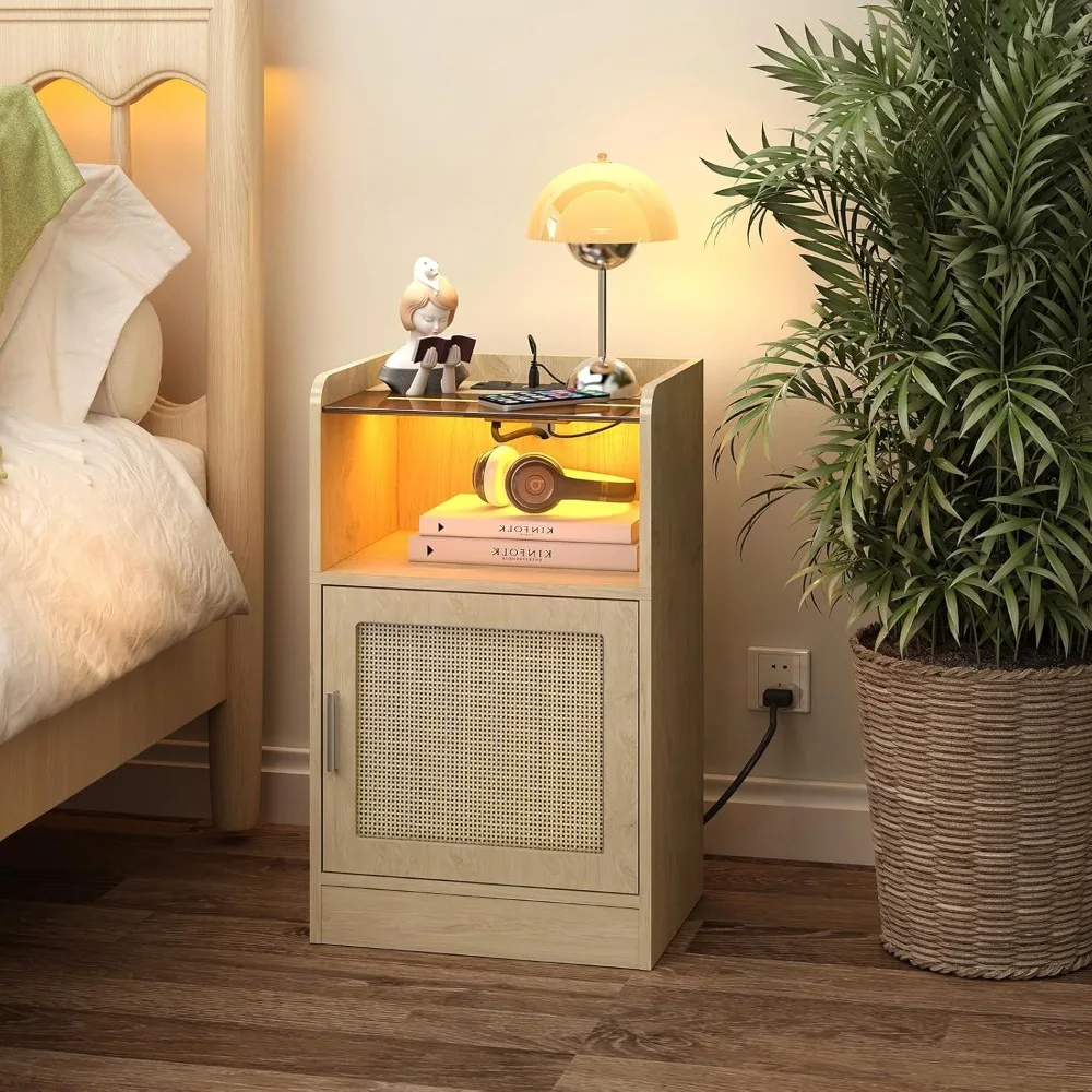 LAATOOREE Rattan Nightstand with Power Outlet and LED Light, Small Bedside Table with Charging Station, for Bedroom, Small Space