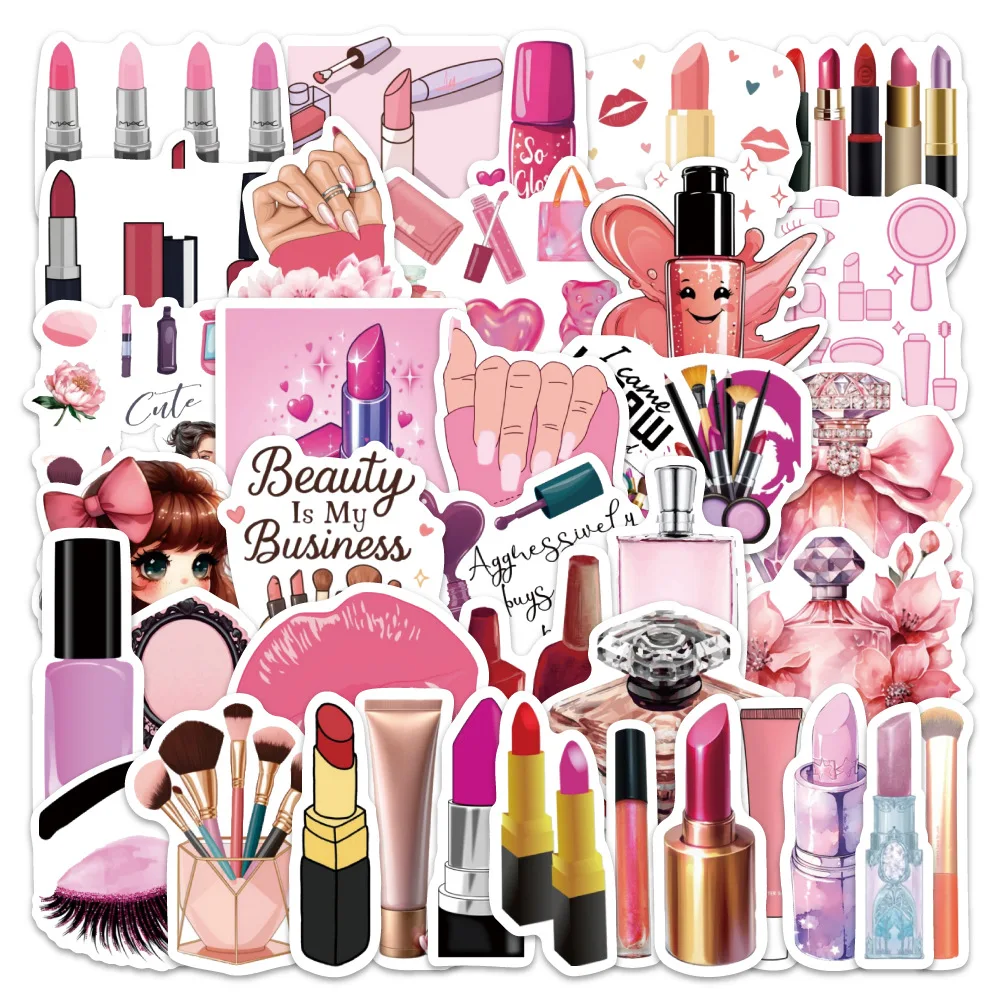 54PCS Cosmetics Pink Girl Heart Lipstick Cartoon Style Decorative Laptop Guitar Suitcase iPad Waterproof Sticker Kids Toy