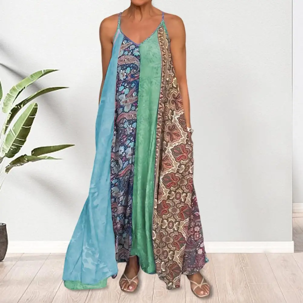 

Flowing Hem Dress Slip Dress Boho Chic Ethnic Print Maxi Dress V-neck Backless A-line Colorful Swing Spaghetti Straps for Summer