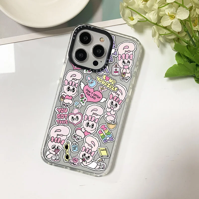 Silicone Soft Case For Iphone 11 14 15 Pro Max Cute Pink Rabbit Sticker Funda 12 13 Pro 7 8 Plus SE2 XR XS Shockproof Bumper