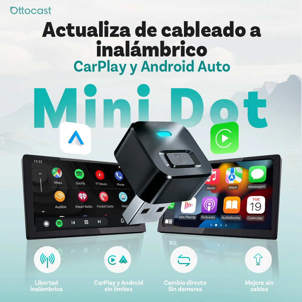 Adaptador Inalámbrico Ottocast Mini Dot para CarPlay y Android Auto, Recuerda 2 Dispositivos, WiFi 6 + BT 5.4, Reconexión Automática Rápida, Plug & Play, Reconexión Automática, Nuevo 2026