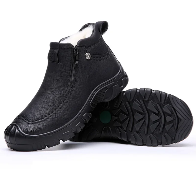 New Arrival Winter Shoes Men Ankle Snow Boots Genuine Leather Warm Plush Thick Sole Non-slip Brand Male Footwear Black XD060