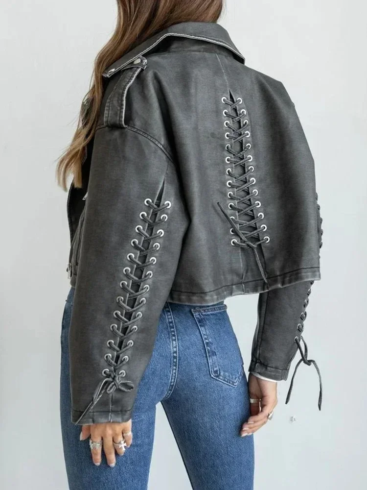 Vintage Bomber Jacket Women Lace Up PU Leather Motorcycle Jacket Streewear Biker Coat Spring Autumn Women Clothing Jaqueta