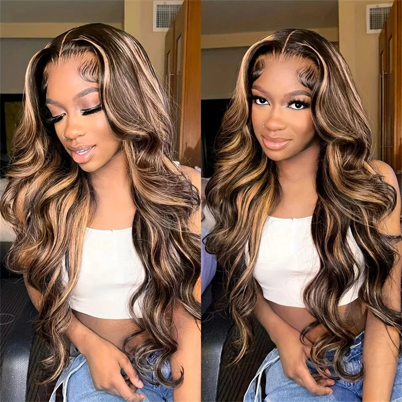 Highlight Body Wave Human Hair Wig 13X6 Transparent Lace Frontal Wigs 13x4 Brazilian Remy P4/27 Colore Lace Front Wig PrePlucked