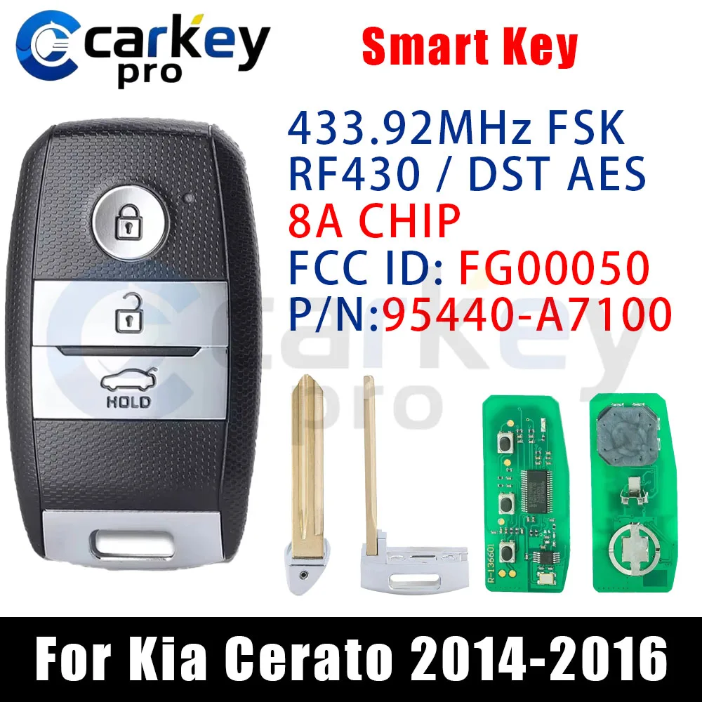 Carkeypro 3 Buttons Smart Key 433Mhz 95440-A7100 RF430 / DST AES / 8A CHIP FG00050 For Kia Cerato 2014-2016